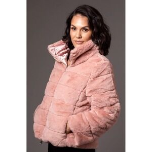 MY ANORAK Pink‎ Faux Fur Puffer Jacket High Neck Zip Front Women's XS